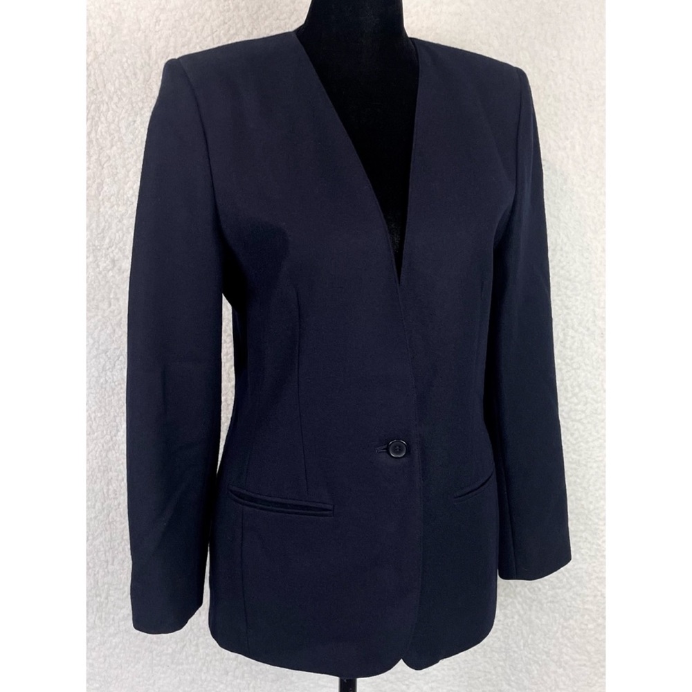 (VTG) JASON PRESCOTT • Petites Navy Blue Structured Pure Wool Blazer Jacket, 4P - Picture 7 of 13